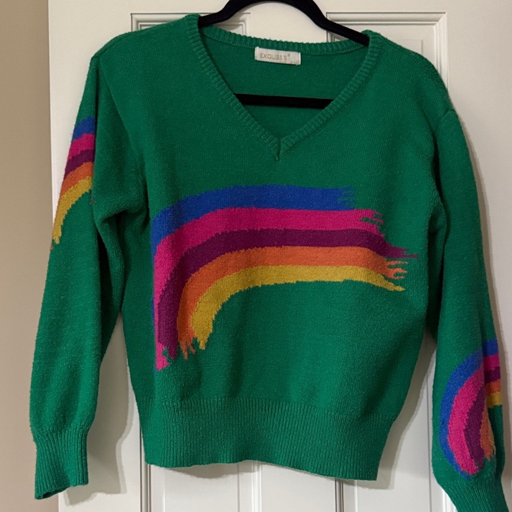Green Vintage Style V-Neck Rainbow Stripe Sweater